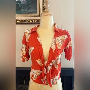 Free People Orange Butterfly Print Blouse With Twist Front Large